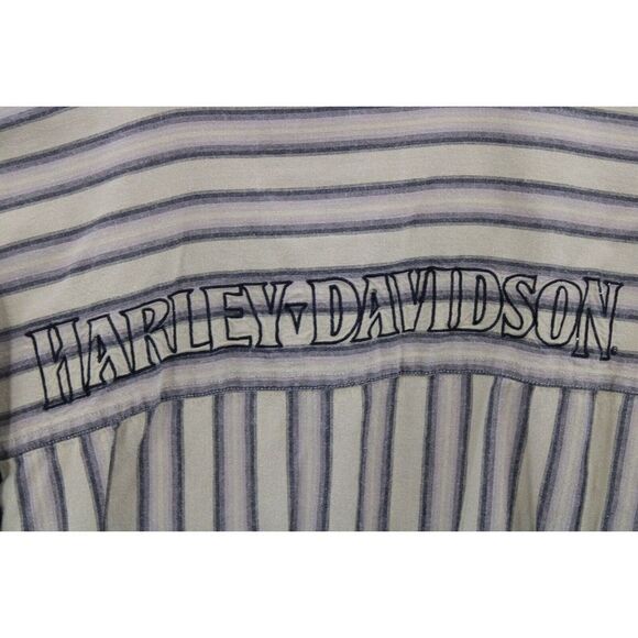 HARLEY DAVIDSON 2XL GREEN GRAY STRIPED CAMP SHIRT BACK LOGO - Picture 7 of 8